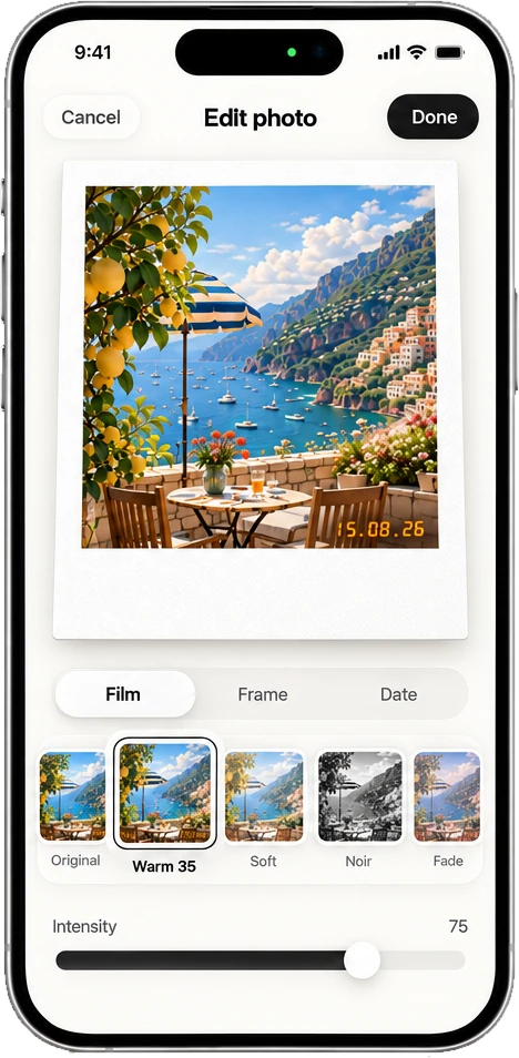 The Edit photo screen: a print with Film, Frame and Date tabs and an intensity slider.