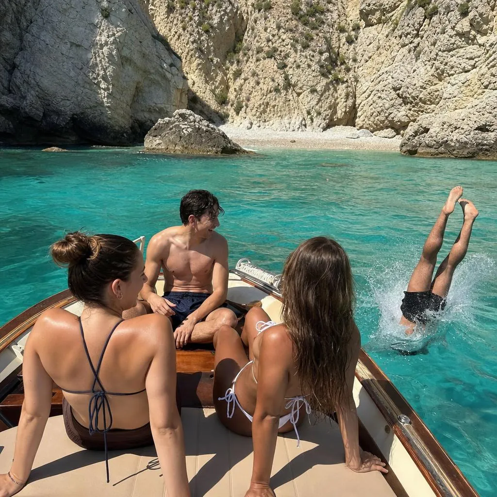 Friends sunbathing on the front of a boat in a turquoise cove as one dives into the sea. Developed on Warm 35.