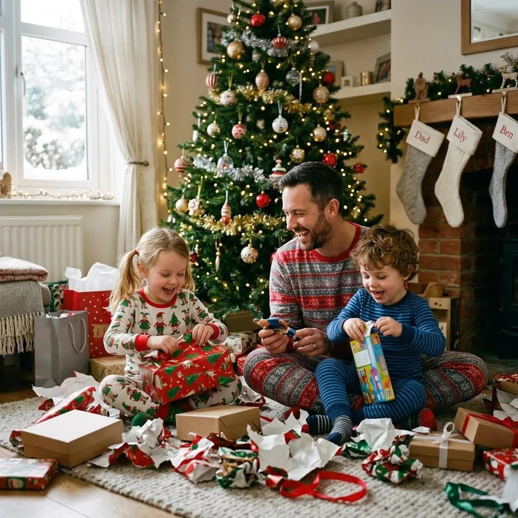 Ein Vater und zwei kleine Kinder im Schlafanzug, die lachend Geschenke unter dem Weihnachtsbaum auspacken. Entwickelt auf Soft.