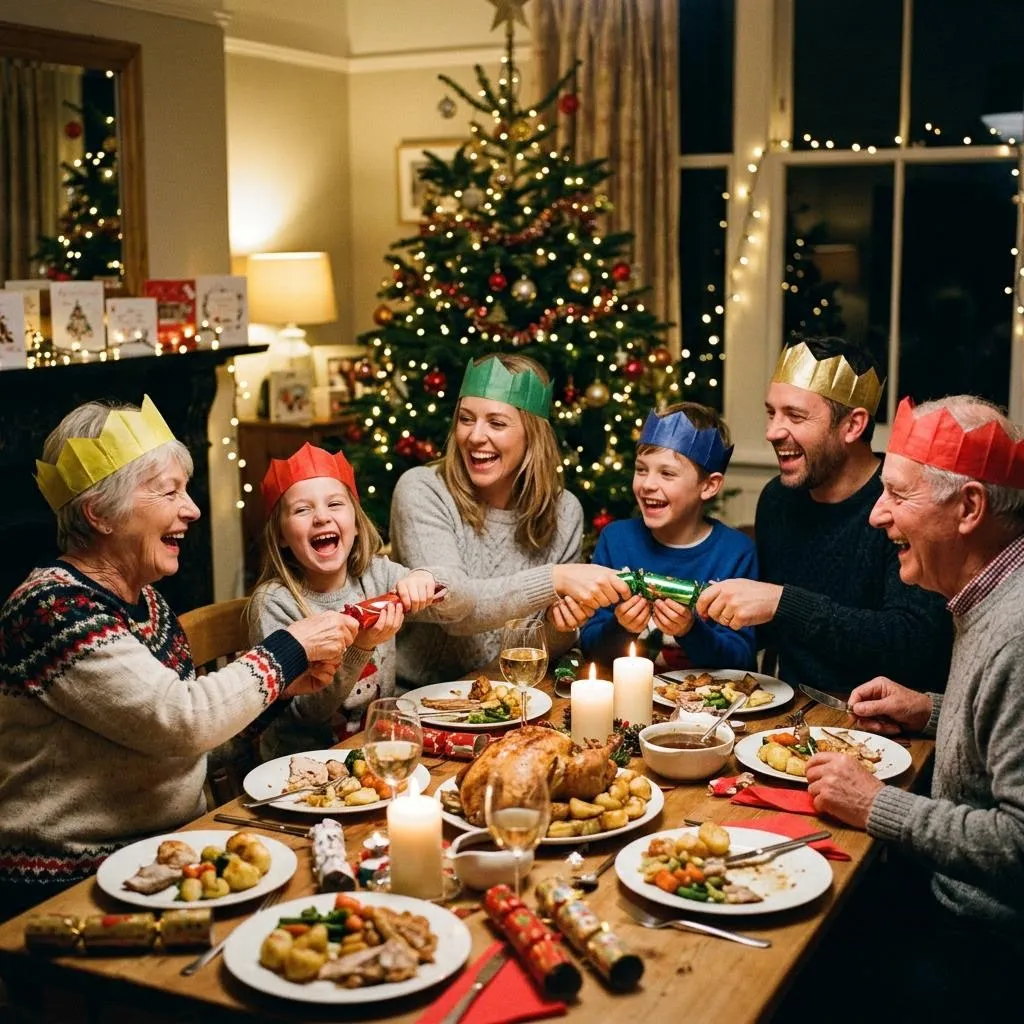 Drei Generationen einer Familie mit Papierkronen beim Knallbonbon-Ziehen während des Festessens, ein Weihnachtsbaum im Hintergrund. Entwickelt auf Warm 35.
