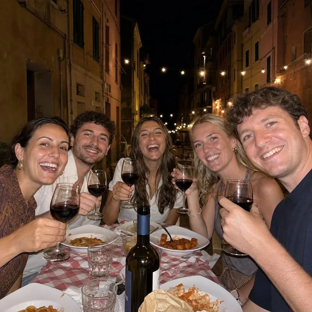 Five friends raising glasses of red wine at a dinner table on an Italian street at night. Developed on Warm 35.
