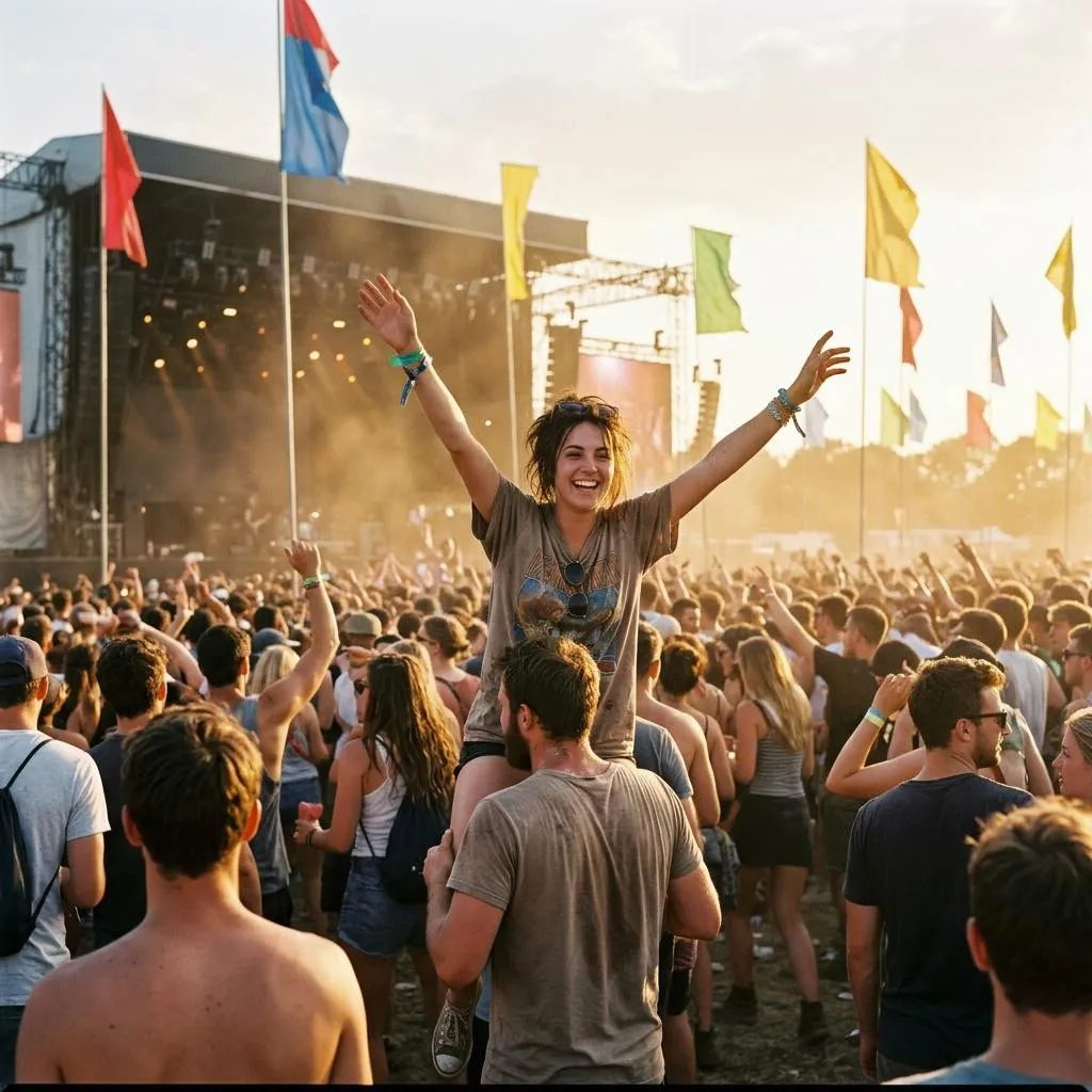 A woman raised above a festival crowd with her arms in the air, a stage and flags behind her in the evening sun. Developed on Golden.