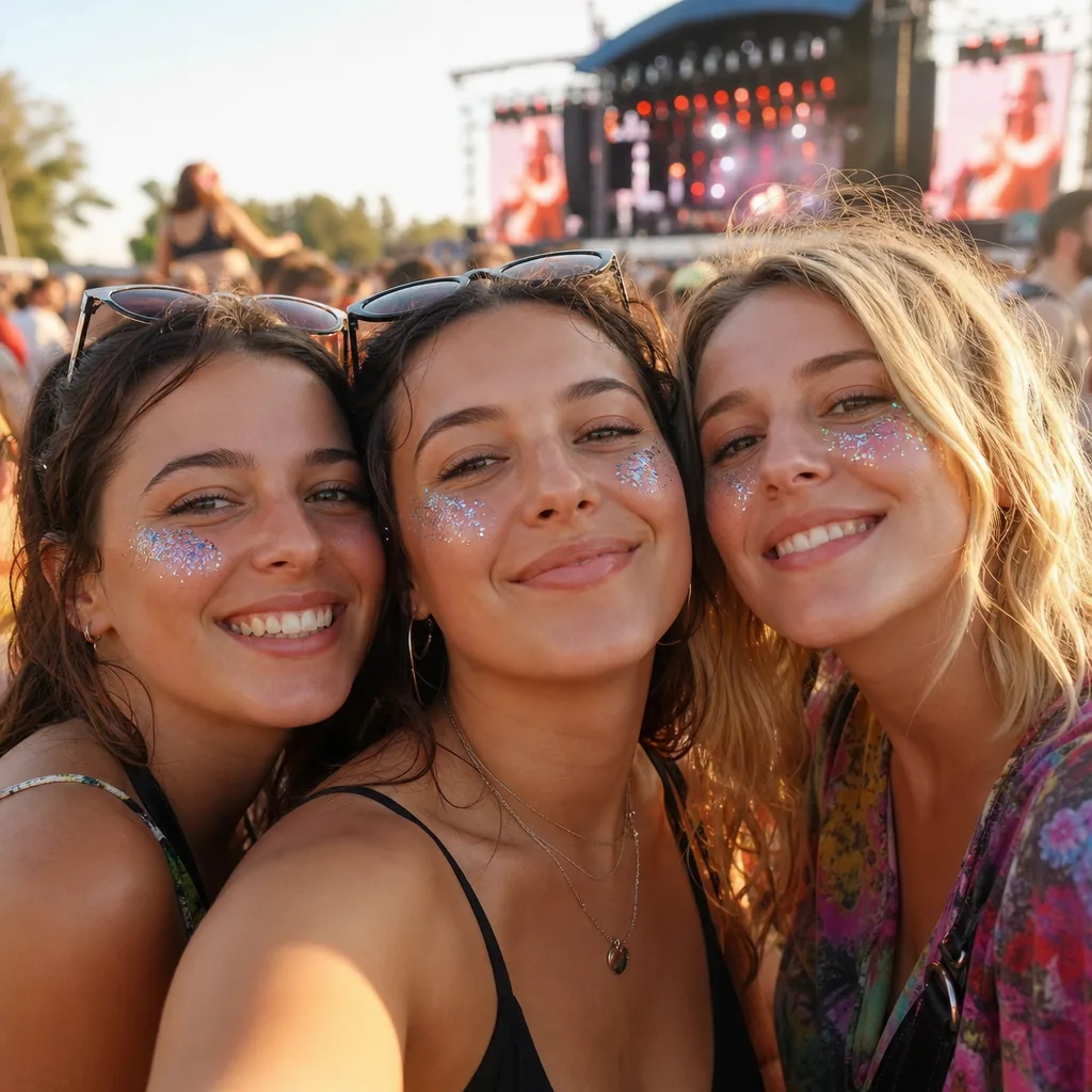 Three friends with glitter on their cheeks in a selfie at a festival, a crowd and a lit stage behind them. Developed on Golden.