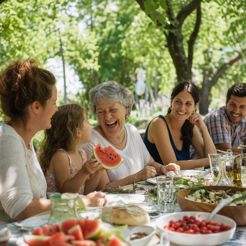 Three generations of a family laughing at a long lunch table in a sunny garden, a girl holding watermelon. Developed on Original.
