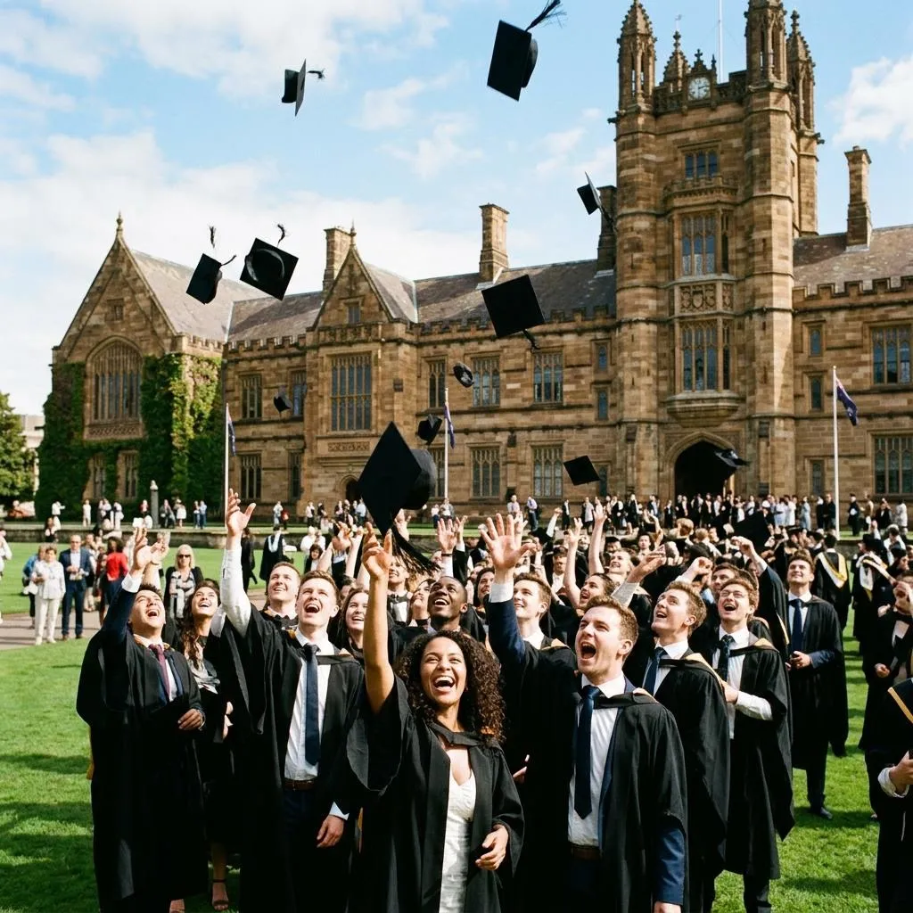 Graduates in black gowns throwing their caps into the air on a lawn in front of an old stone university building. Developed on Golden.