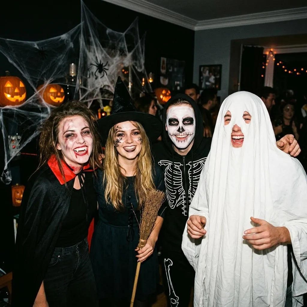 Four friends dressed as a vampire, a witch, a skeleton and a ghost at a Halloween party, cobwebs and pumpkins behind them. Developed on Flash ’99.