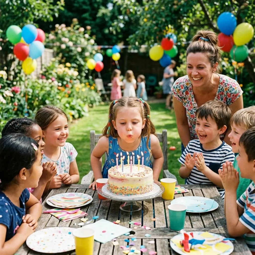 A girl blowing out the candles on her birthday cake at a garden party, other children and a parent smiling round the table. Developed on Golden.