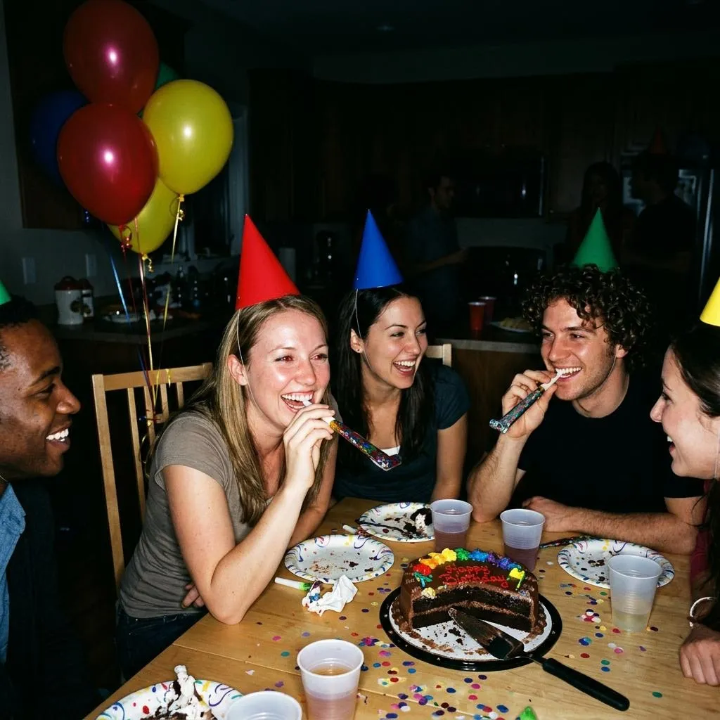 Friends in paper party hats laughing and blowing party horns around a kitchen table with a cake and balloons. Developed on Flash ’99.