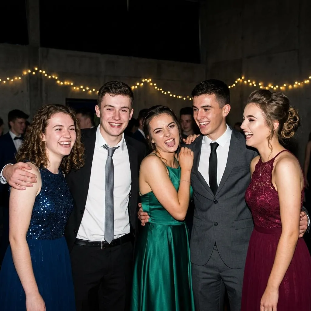 Five friends in suits and evening dresses laughing together at a prom, fairy lights behind them. Developed on Flash ’99.