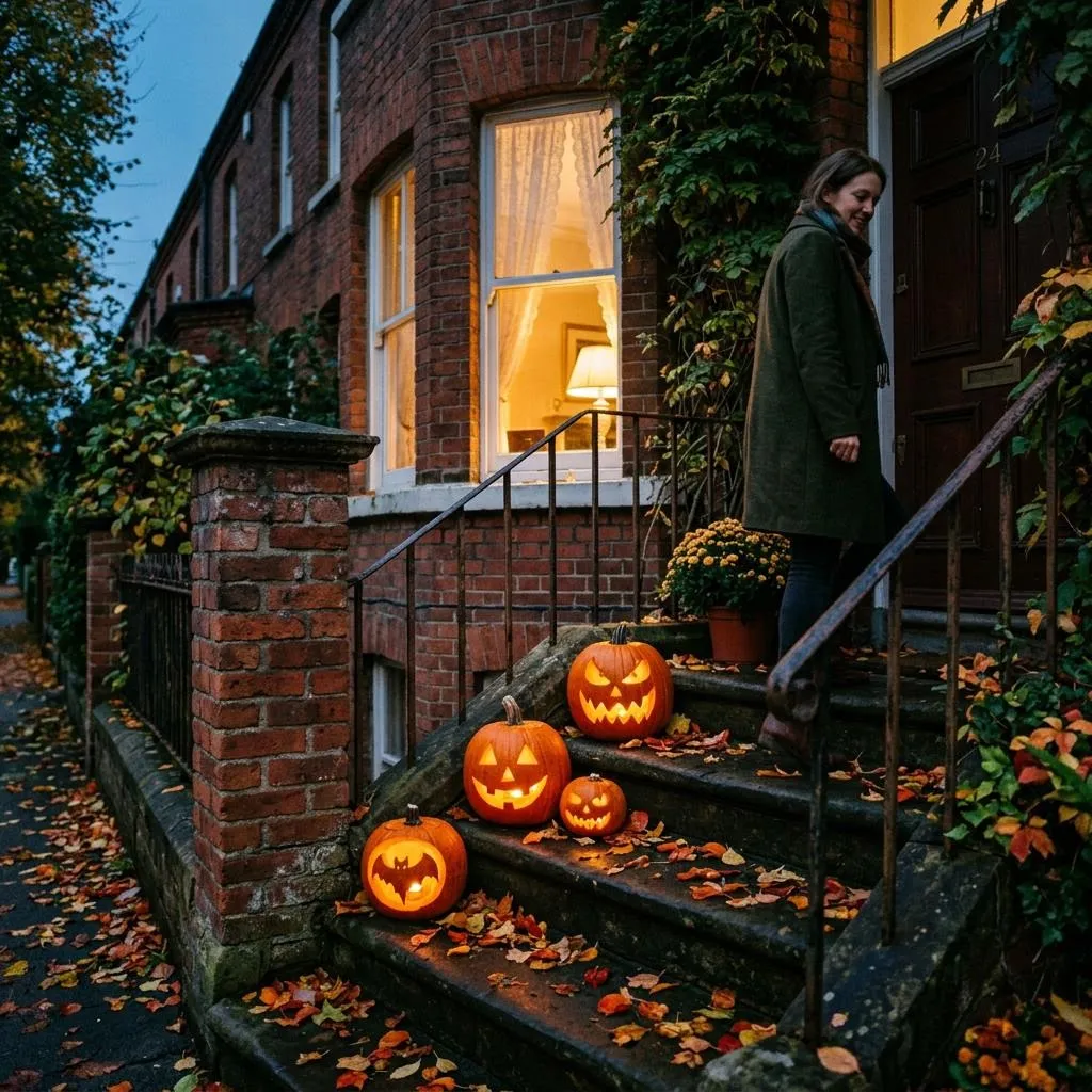 Carved pumpkins glowing on the front steps of a brick house at dusk, autumn leaves on the steps. Developed on Dusk.