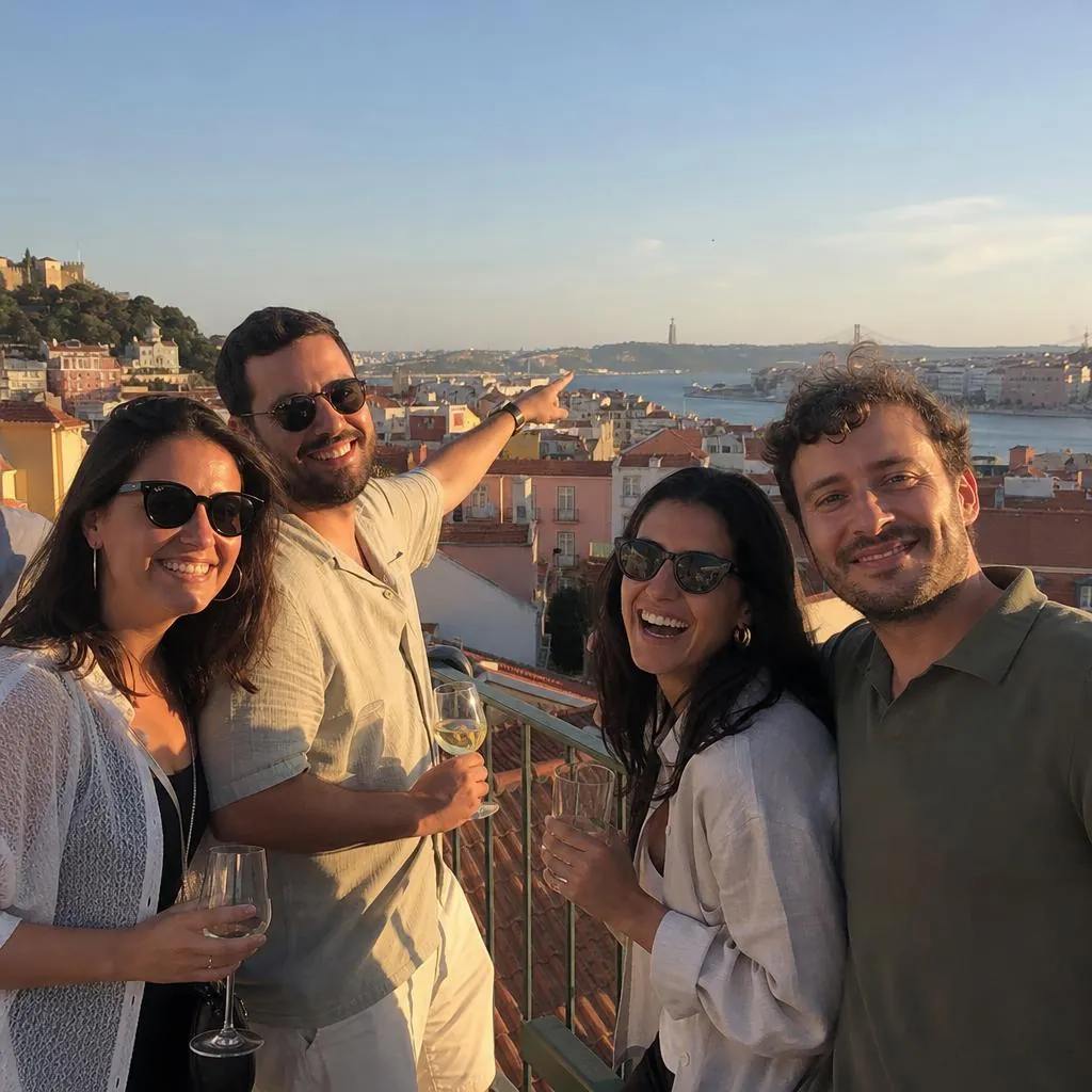Four friends with drinks on a rooftop in Lisbon at golden hour, one pointing at the view across the river. Developed on Warm 35.