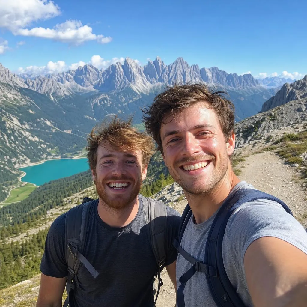 Two friends grinning in a selfie on a mountain trail, a turquoise lake far below them. Developed on Warm 35.
