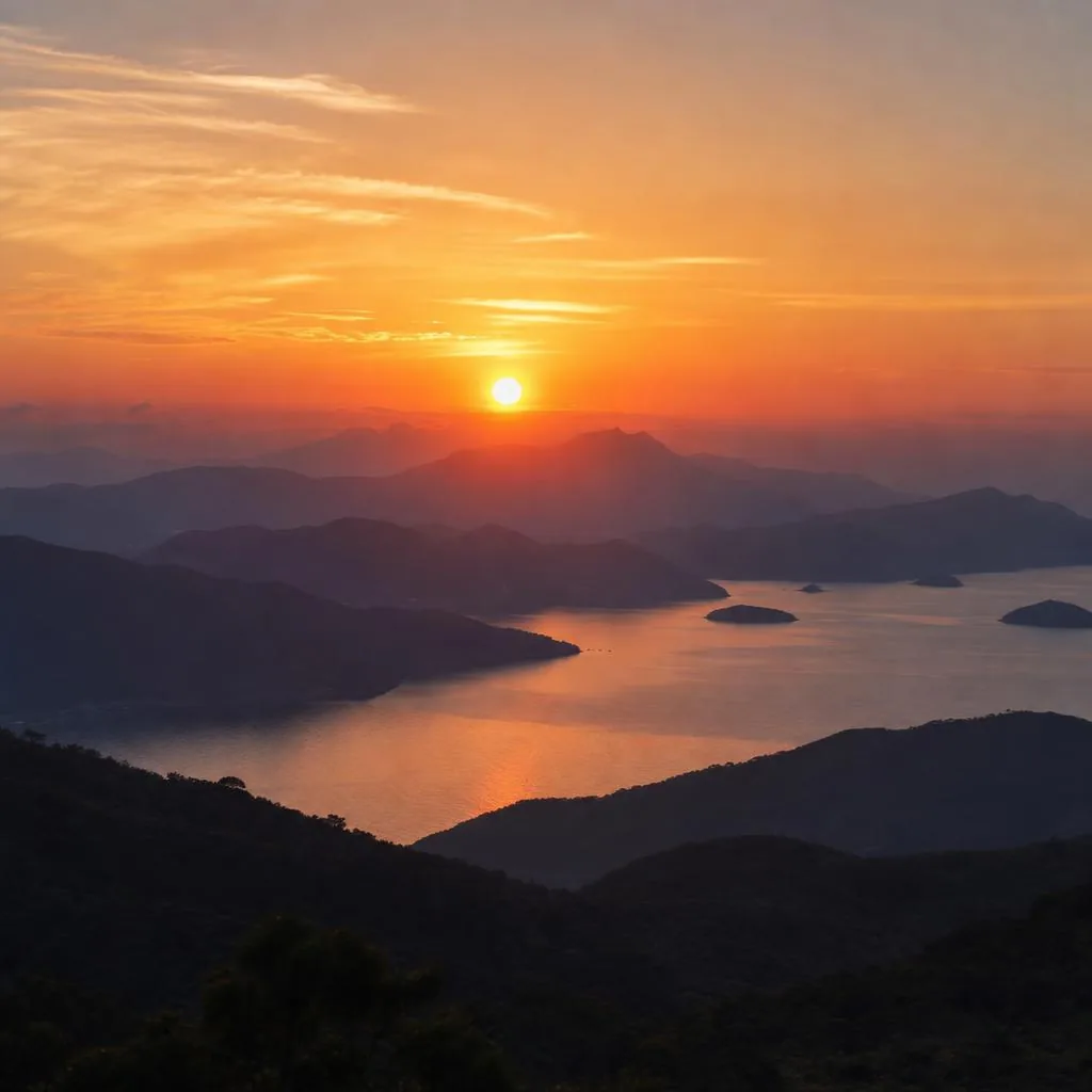 The sun setting over hills and islands in a calm sea under an orange sky. Developed on Fade.