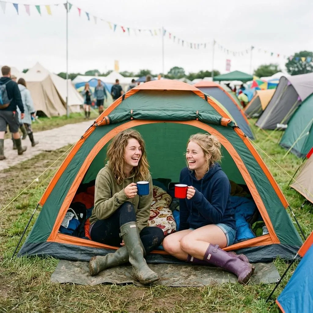 Two friends in wellies laughing over mugs of coffee in the doorway of their tent at a festival campsite. Developed on Soft.